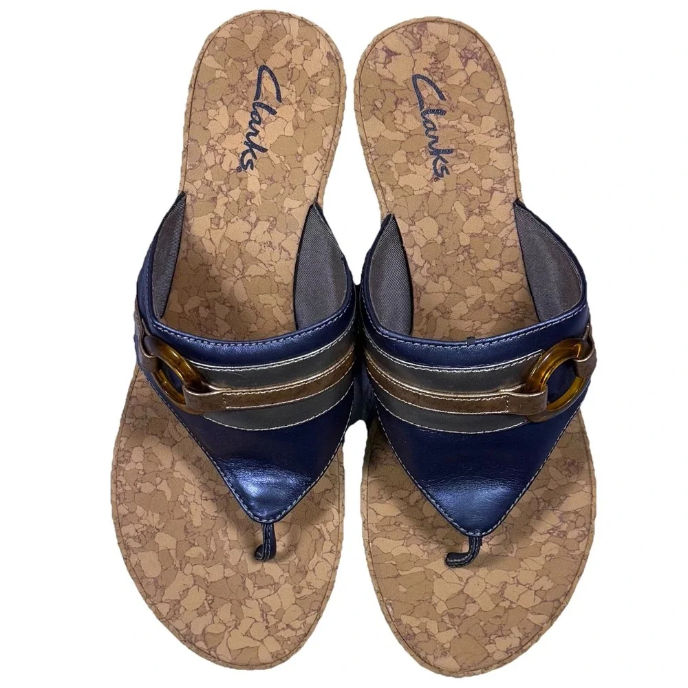 Clarks Women's Yacht Anchor Cork Wedge Flip Flop Sandals Size 10M Blue With‎ Box